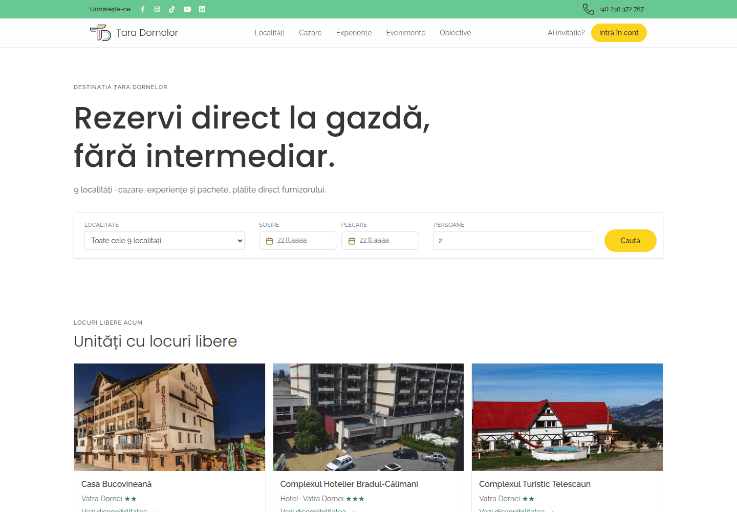 Booking — rezervări directe în Țara Dornelor — captură a interfeței desktop