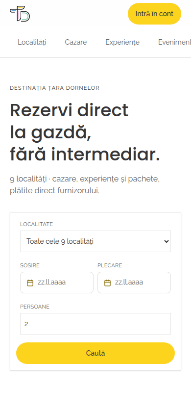 Booking — rezervări directe în Țara Dornelor — captură a interfeței mobil