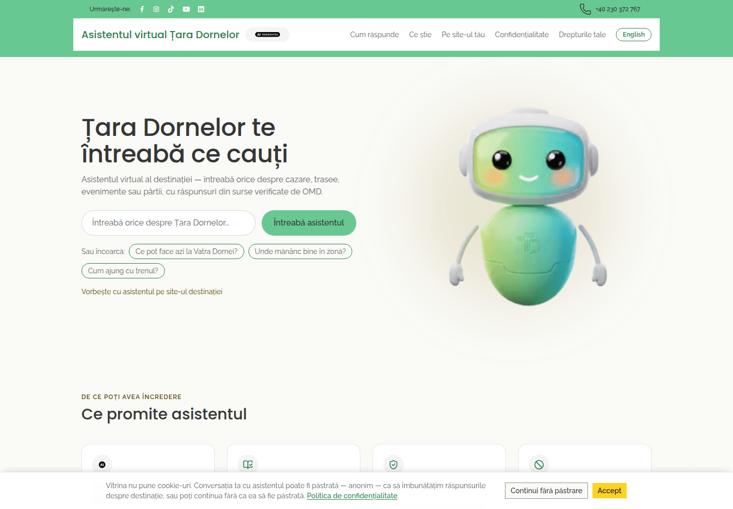 Chatbot — asistentul digital al destinației — captură a interfeței desktop